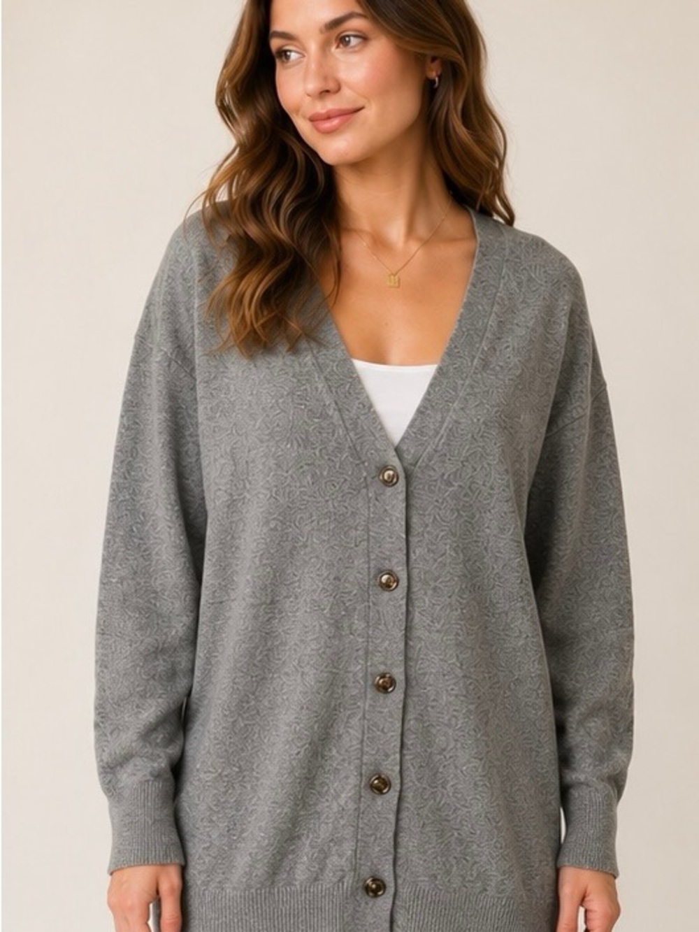 Ann Taylor Heather Gray V-Neck Button Front Cardigan